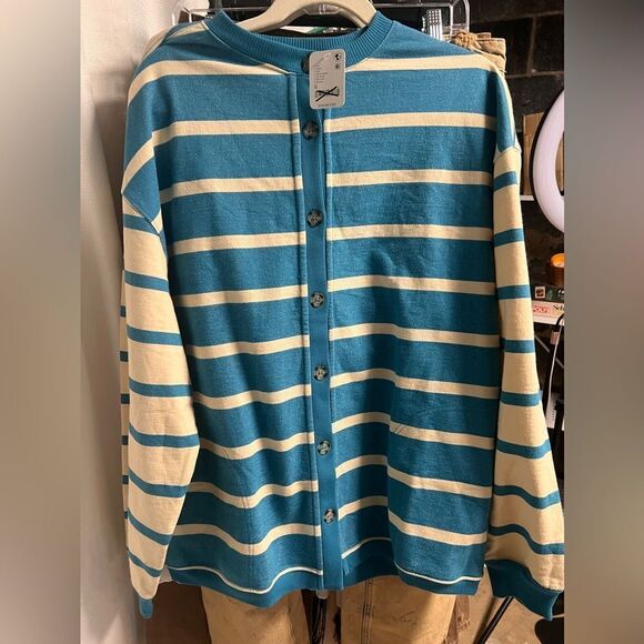 Free People We the Free Classic Striped Cardigan in Blue Combo - Picture 7 of 8
